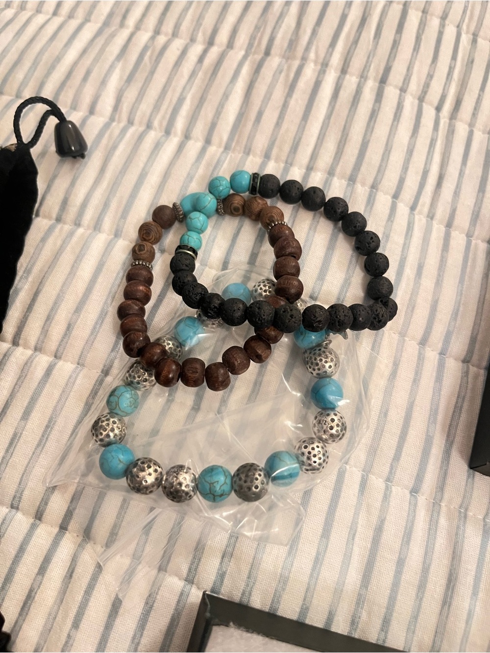 3 Turquoise, Black & Brown Beaded Stackable Bracelet Set all 3 for 1 8 inches